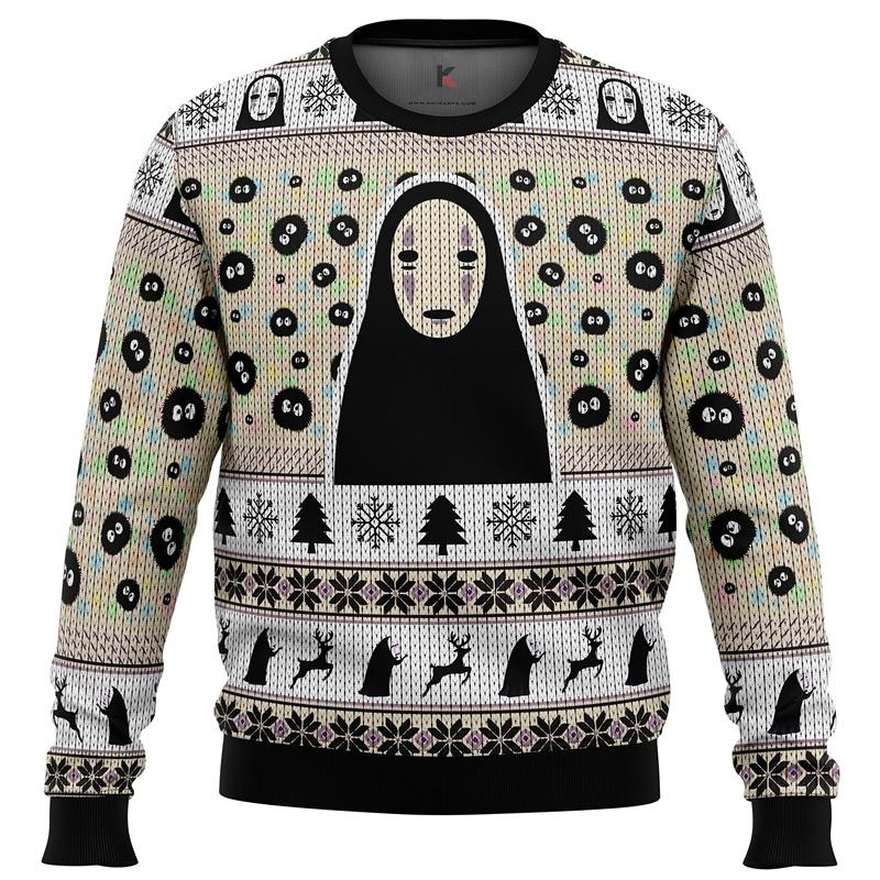 Studio Ghibli Inspired Spirited Away No Face & Soot Sprites Christmas Sweater For Holiday Celebrations